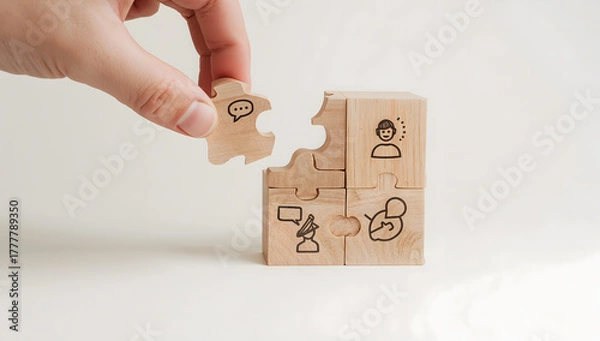 Fototapeta Connecting Communication Networking and Collaboration with Wooden Puzzle Blocks Concept