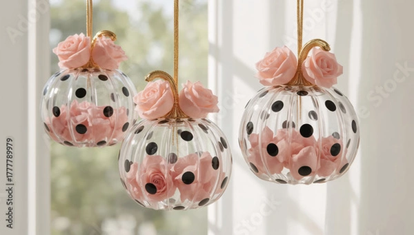 Fototapeta Elegant fall decorations with clear pumpkin and rose flowers hanging indoors