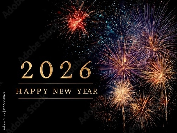 Fototapeta New year 2026 celebration with colorful fireworks on black background