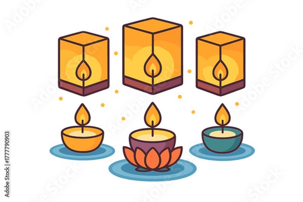 Fototapeta Traditional Asian festival lanterns and floating candles with lotus flower base