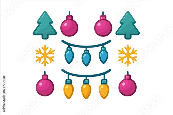 Fototapeta Colorful Christmas holiday decorative ornaments string lights snowflakes and pine trees