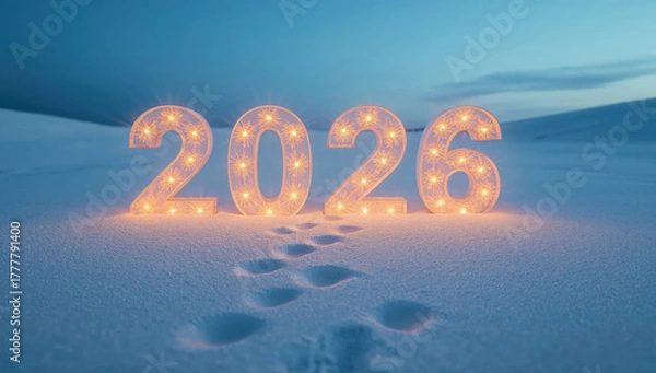 Fototapeta Illuminated Numbers 2026 on Snowy Landscape Celebrating the Upcoming New Year