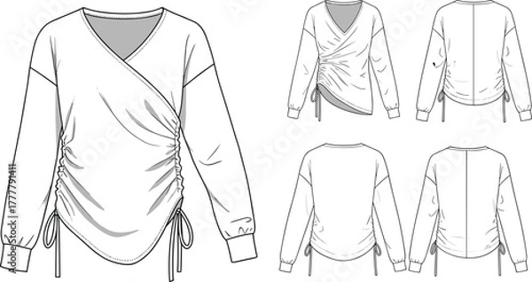 Fototapeta Women's wrap top fashion sketch, ruched side detail, long sleeve technical drawing, asymmetrical hem, garment design, apparel illustration, vector