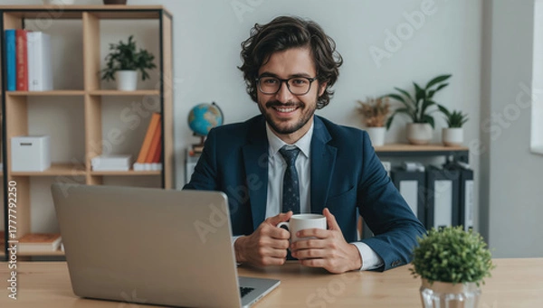 Fototapeta Smiling businessman with coffee working on laptop at his office