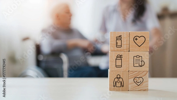 Fototapeta Wooden blocks depicting health symbols focus on elderly care and support