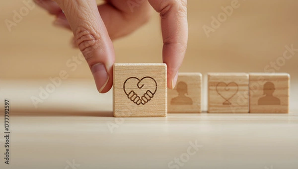 Fototapeta Wooden blocks showing support partnership and community engagement concept