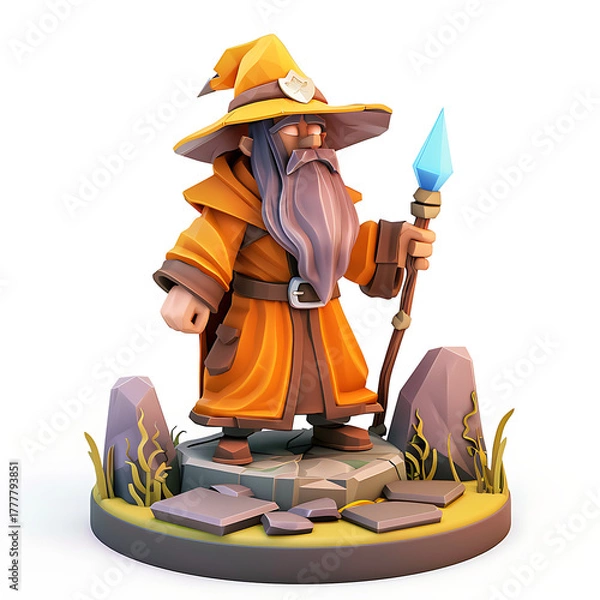 Fototapeta Stylized wizard figurine with staff on a stone base.