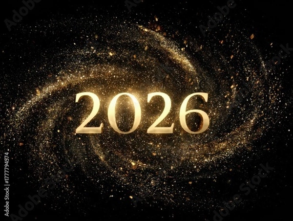 Fototapeta Golden 2026 text with sparkling particles on black background