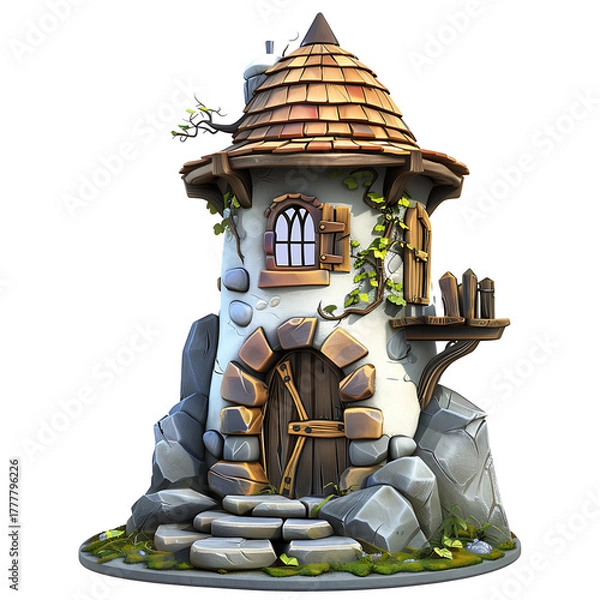 Fototapeta A whimsical, detailed illustration of a stone tower with a wooden door and a tiled roof.