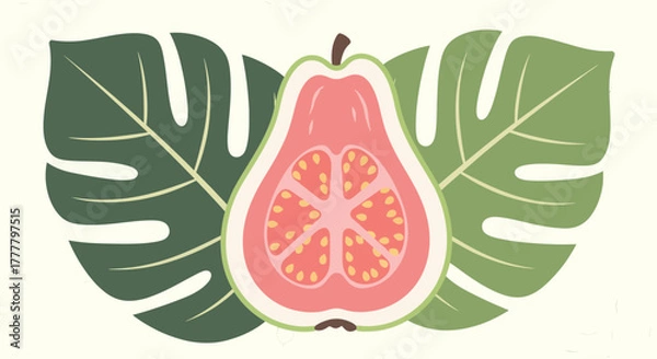 Fototapeta Vibrant Guava Slice With Artistic Background And Lush Tropical Leaves Arrangement