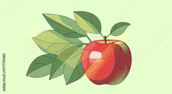 Fototapeta Vibrant Illustrated Apple with Verdant Leaves on a Pale Green Background Artwork