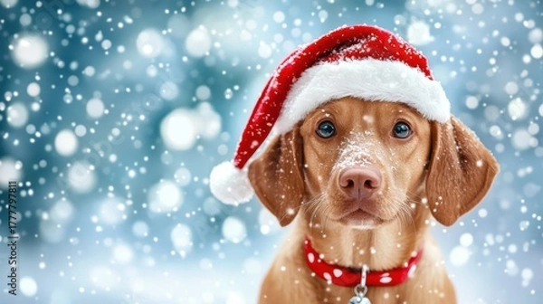Fototapeta Festive Pup: A charming puppy, adorned with a Santa hat, is surrounded by a gentle snowfall. The pup gazes directly at the viewer, bringing warmth to the winter season.