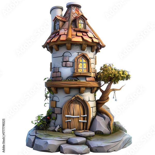 Fototapeta Fantasy tower house with stone base and tree.