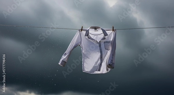 Fototapeta A white shirt drying on a clothesline against a dramatic stormy sky with raindrops falling