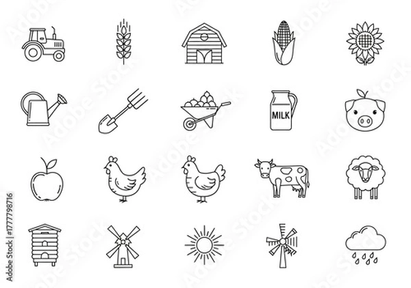 Fototapeta Collection of Farm and Agriculture Line Icons: Tractor Barn Animals and Crops.
