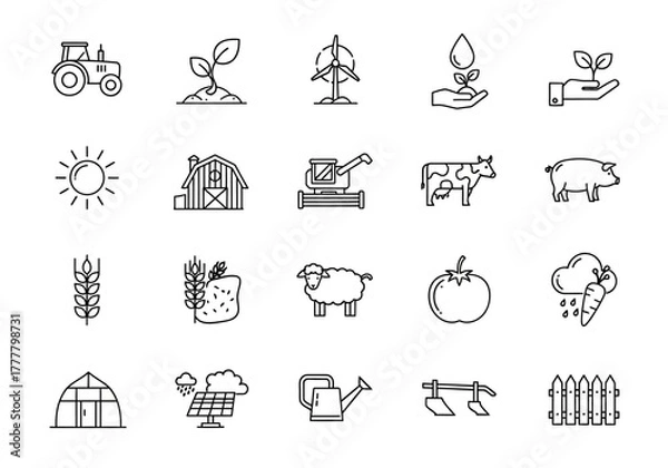 Fototapeta Agriculture and Farming Icon Set: Tractor Crops Animals and Tools in Line Art.