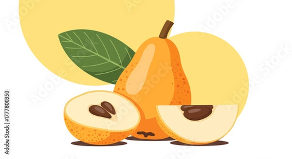 Fototapeta Vibrant Illustration of a Golden Pear with Slices and Leaf on Isolated Creamy Background