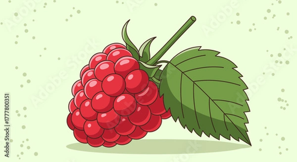 Fototapeta Vibrant Illustration of a Freshly Picked Raspberry with Lush Green Leaf Details