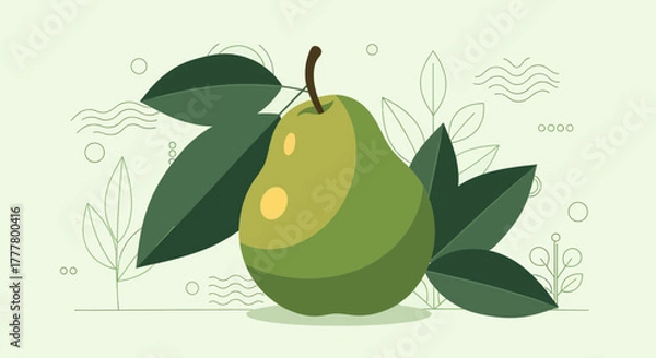 Fototapeta Vibrant Illustration of a Green Pear with Leaves Against a Soft Background Design
