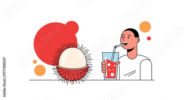 Fototapeta Vibrant Illustration Of A Person Enjoying Lychee Juice With Exotic Fresh Fruit Beside Him