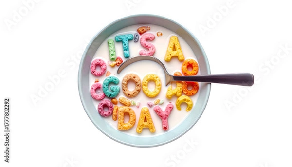 Obraz Bowl of cereal with colorful alphabet pieces spelling "It's a good day