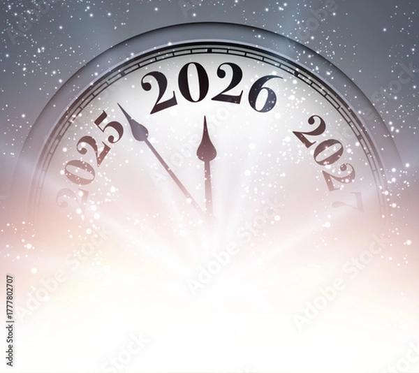 Obraz Minimalist clock with glowing light and snowfall effect marks the countdown to 2026. Vector illustration.