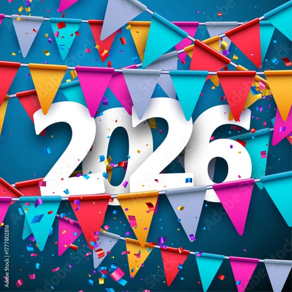 Fototapeta Festive 2026 design featuring vibrant bunting flags and confetti on a dark blue background. Vector illustration for New Year events.