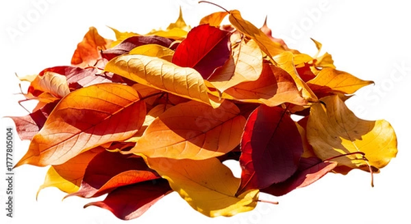 Fototapeta Heap of colorful autumn leaves isolated on transparent background in fall season