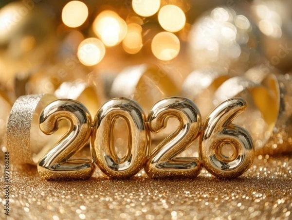 Fototapeta Shiny gold 2026 numbers with festive ribbon and glitter background