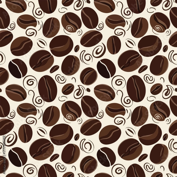 Obraz A seamless, repeating pattern of illustrated roasted coffee beans and decorative swirls on a light cream background.
