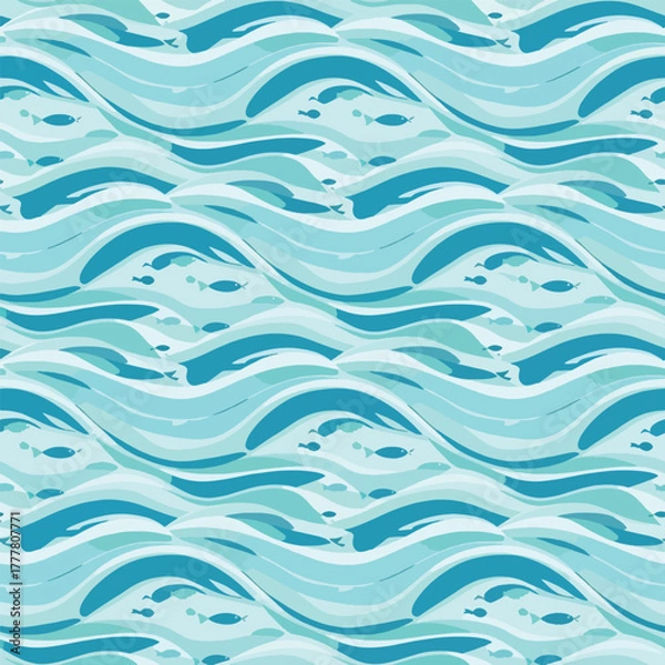 Obraz Seamless pattern of stylized blue and turquoise ocean waves with small fish swimming within.