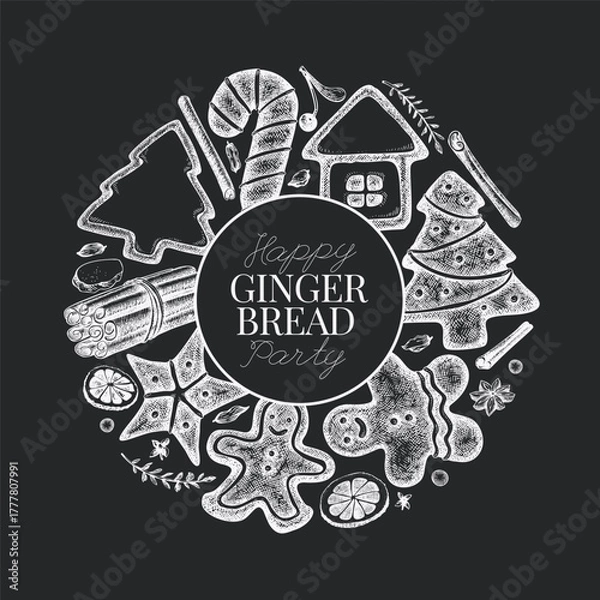 Fototapeta Vintage Hand Drawn Vector Design Template of Gingerbread. Not AI Generated. Chalk Board Retro Christmas Pastry Engraved Old Style Illustration