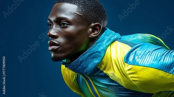 Fototapeta dynamic african-american athlete wearing sportswear for running or training in studio setting