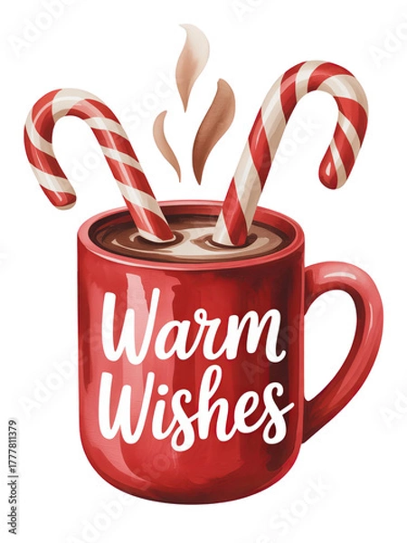 Fototapeta Festive red mug filled with hot chocolate and candy canes with warm wishes text isolated on transparent background