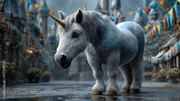 Obraz A majestic unicorn standing in a winter castle courtyard decorated with festive lights and pine trees. 