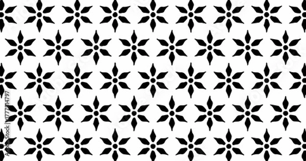 Fototapeta Minimal black and white geometric floral seamless pattern with small star-shaped motifs on a white background.