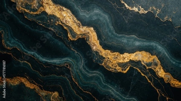 Fototapeta Elegant black green and gold marble texture with wavy patterns, natural stone details background