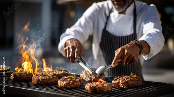 Fototapeta African chef grilling juicy burgers on open flame with smoke and flames in outdoor setting for delicious bbq experience