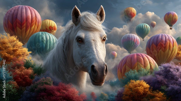 Obraz Unicorn Floating with Pastel Hot Air Balloons Above the Clouds – Dreamy Fantasy Illustration