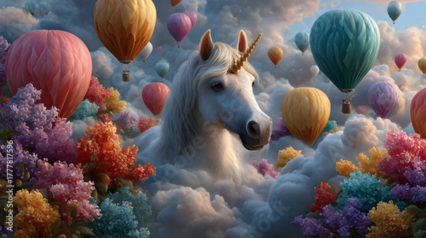 Obraz Unicorn Floating with Pastel Hot Air Balloons Above the Clouds – Dreamy Fantasy Illustration