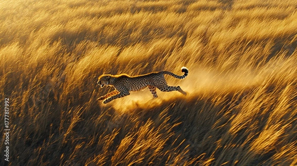 Fototapeta Cheetah sprinting through golden grasslands at sunset capturing speed and grace