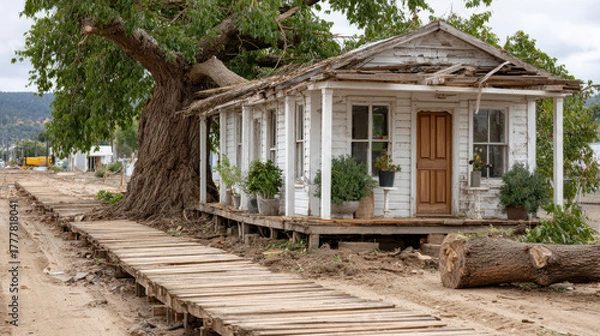 Fototapeta Historic weathered wooden house surrounded by fallen trees showcasing nature’s impact on architecture, concept of storm, hurricane, typhoon