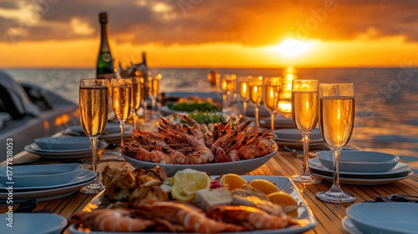 Fototapeta Sunset dining by the sea with seafood and champagne on elegant table setting at oceanfront