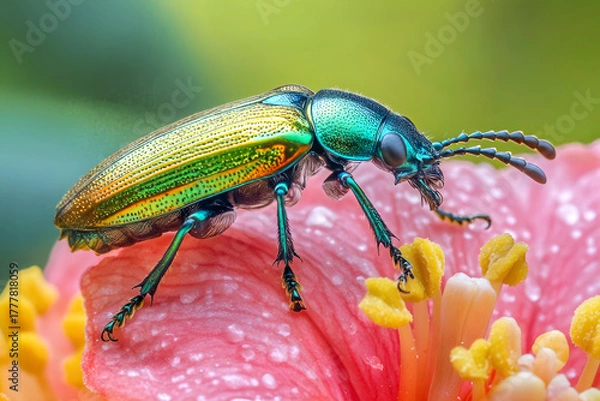 Fototapeta Close-up shot of vibrant green beetle on pink flower with yellow stamen in natural garden setting