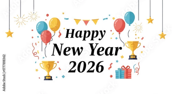 Fototapeta Happy new year 2026 celebration with balloons, confetti, and golden trophies isolated on transparent background