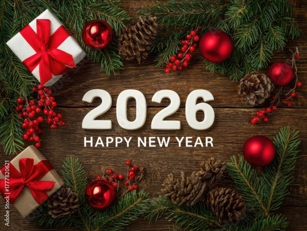 Fototapeta Happy new year 2026 greeting with festive decorations on wood