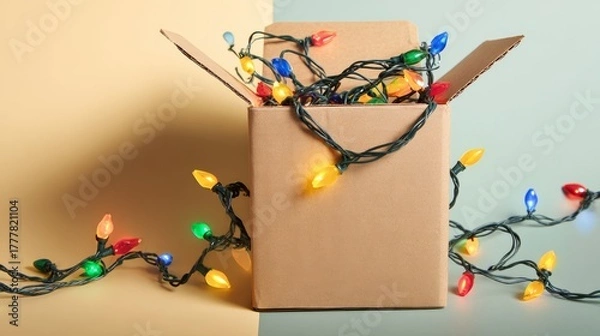 Fototapeta Box full of Christmas lights is open. The lights are colorful and are tangled around the box