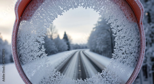 Fototapeta Frosty traffic mirror reflecting snow-covered road in winter  