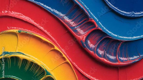 Fototapeta Close up of thick layers of red yellow and blue paint creating an abstract colorful design