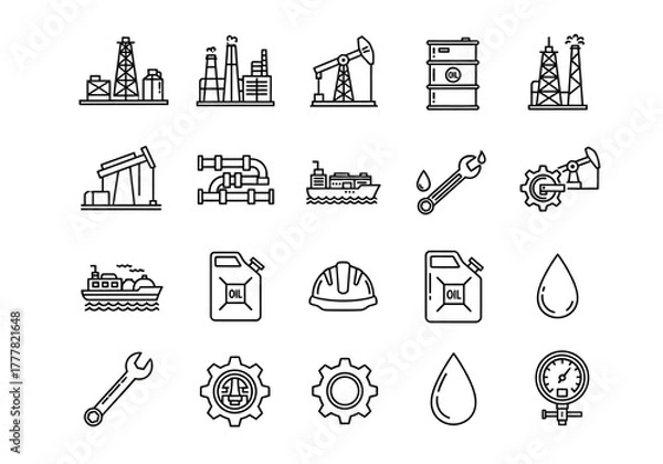 Fototapeta Oil and Gas Industry Vector Icon Set in Black Outline Style.